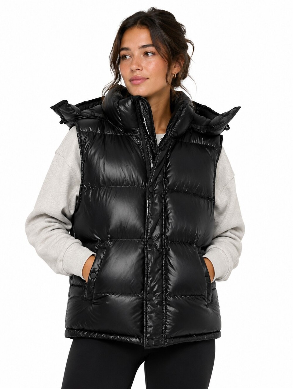 Aritzia TNA The Super Puff Black Goose Down Puffer Vest Hooded Size M